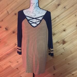 Maurices Navy and Tan Striped V-Neck Top